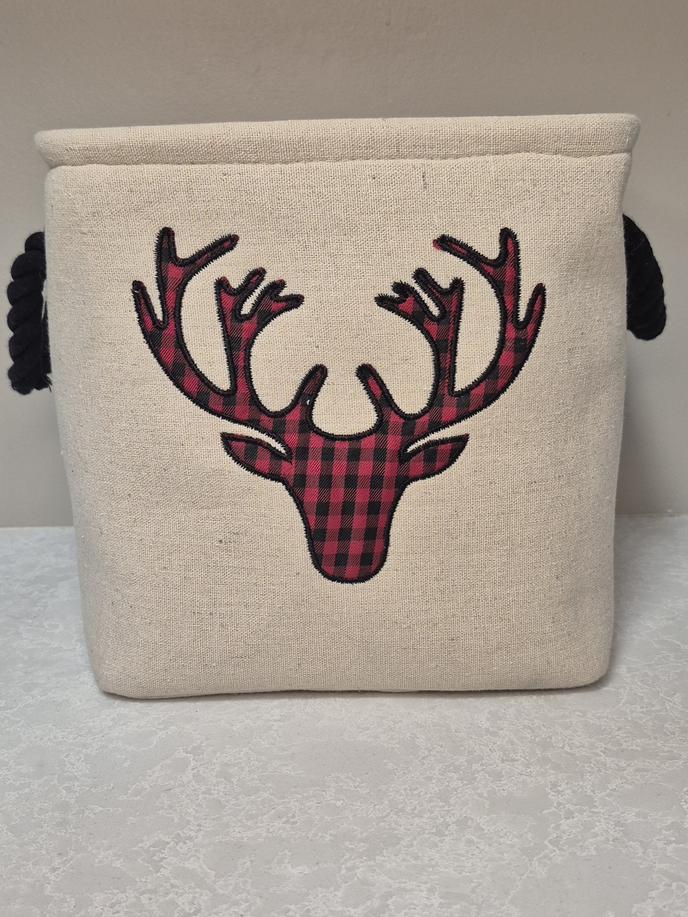 Rustic Deer Storage Bin / Decorative Fabric Basket – Plaid Lined